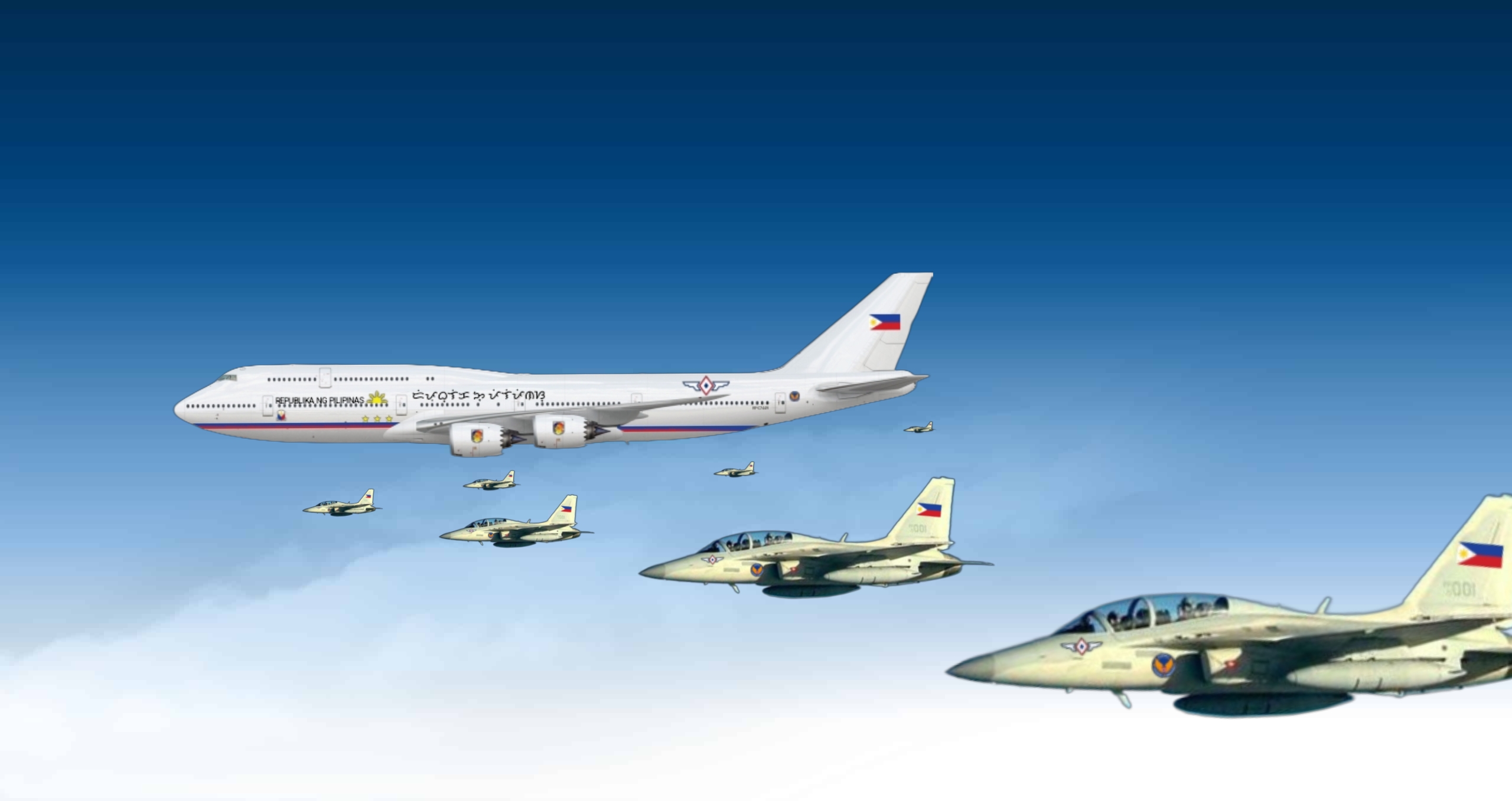 Philippine Presidential aircraft Kalayaan One B747-8i with PAF Fighter planes 